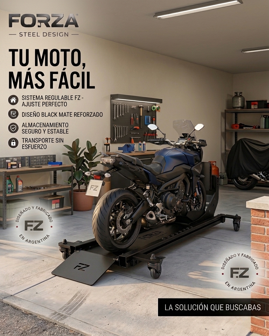 Rack FORZA instalado en garage con motocicleta